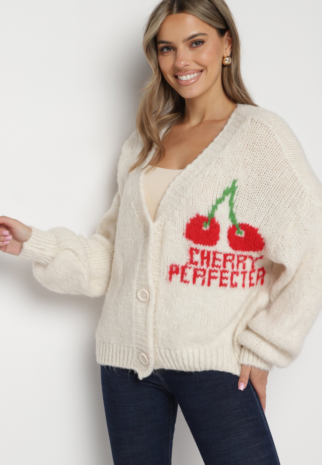 jumelle Cardigan bej deschis din Lână Decorat cu Cireașă și cu Inscripția Irissora