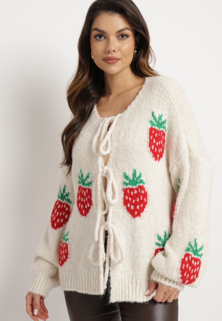 jumelle Cardigan Bej deschis legat cu amestec de Lână și Viscoză decorat cu model de Căpșuni Cesiella