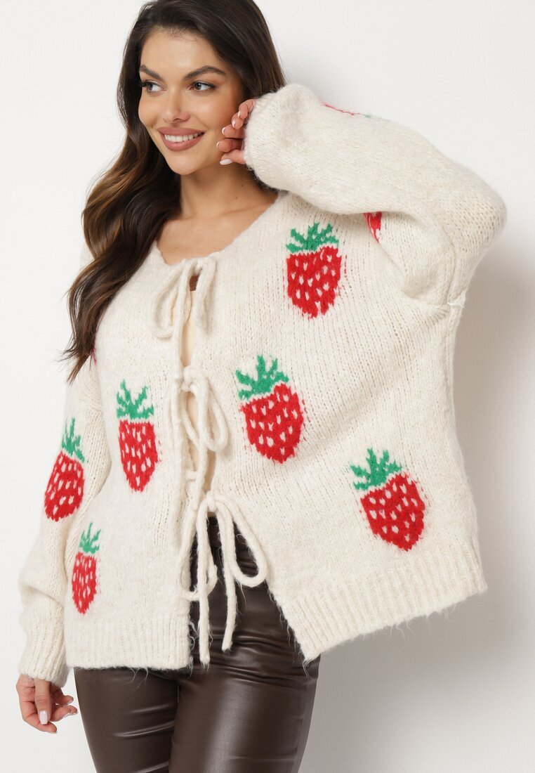 jumelle Cardigan Bej deschis legat cu amestec de Lână și Viscoză decorat cu model de Căpșuni Cesiella