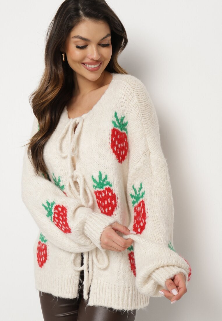 jumelle Cardigan Bej deschis legat cu amestec de Lână și Viscoză decorat cu model de Căpșuni Cesiella