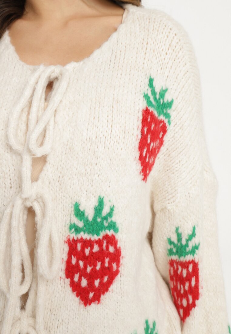 jumelle Cardigan Bej deschis legat cu amestec de Lână și Viscoză decorat cu model de Căpșuni Cesiella