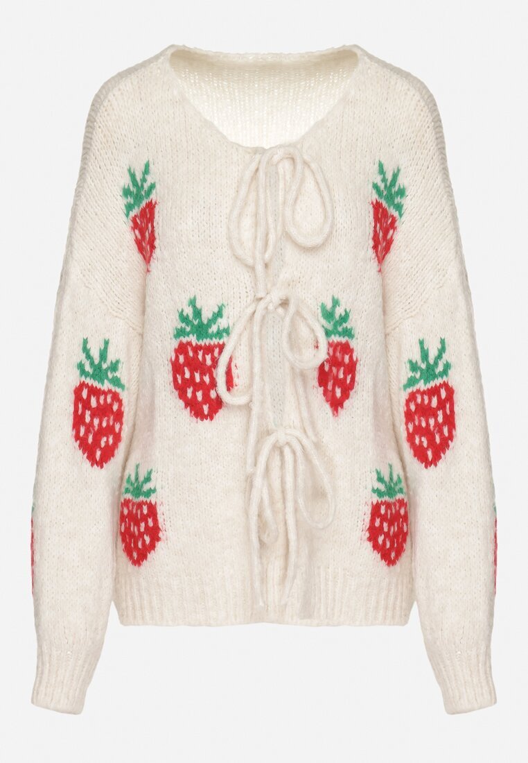 jumelle Cardigan Bej deschis legat cu amestec de Lână și Viscoză decorat cu model de Căpșuni Cesiella