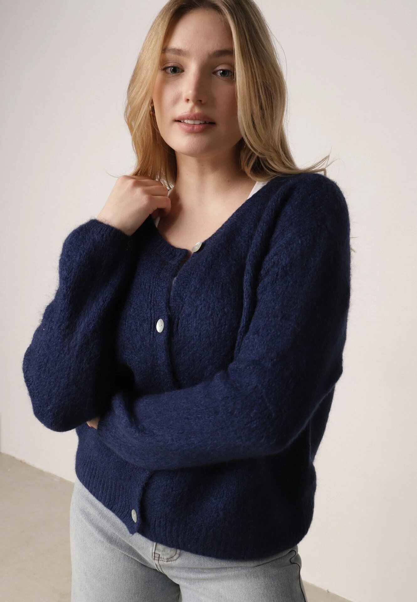 jumelle Cardigan Bleumarin Clasic din Lână și Moher Noloria