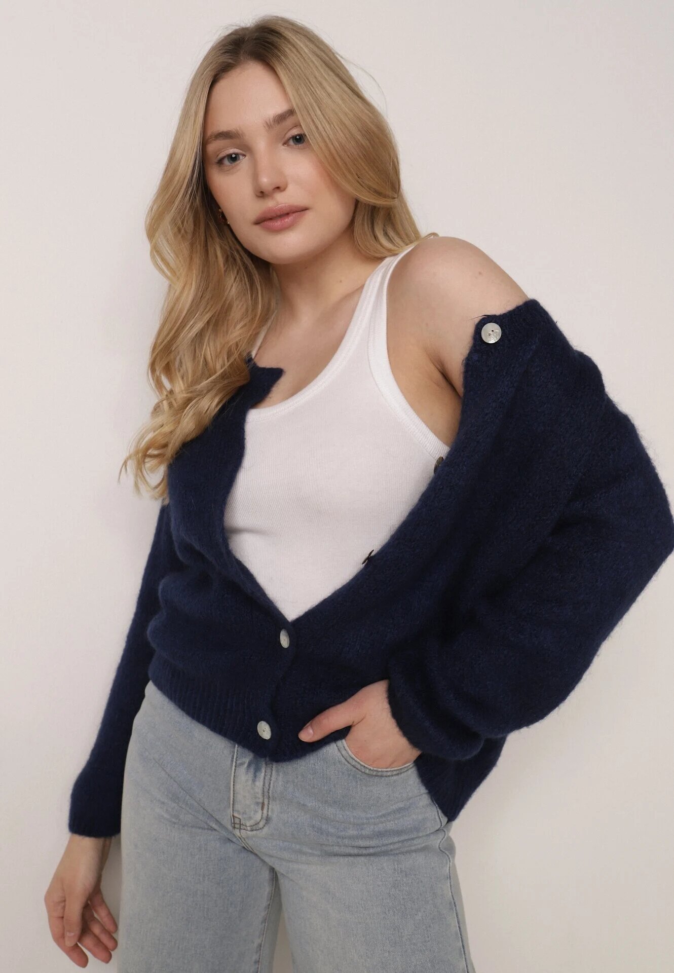 jumelle Cardigan Bleumarin Clasic din Lână și Moher Noloria