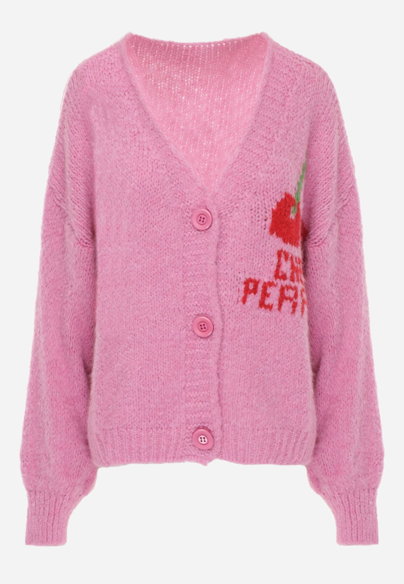 jumelle Cardigan Fucsia cu Lână Decorat cu Cireașă și Inscripție Irissora