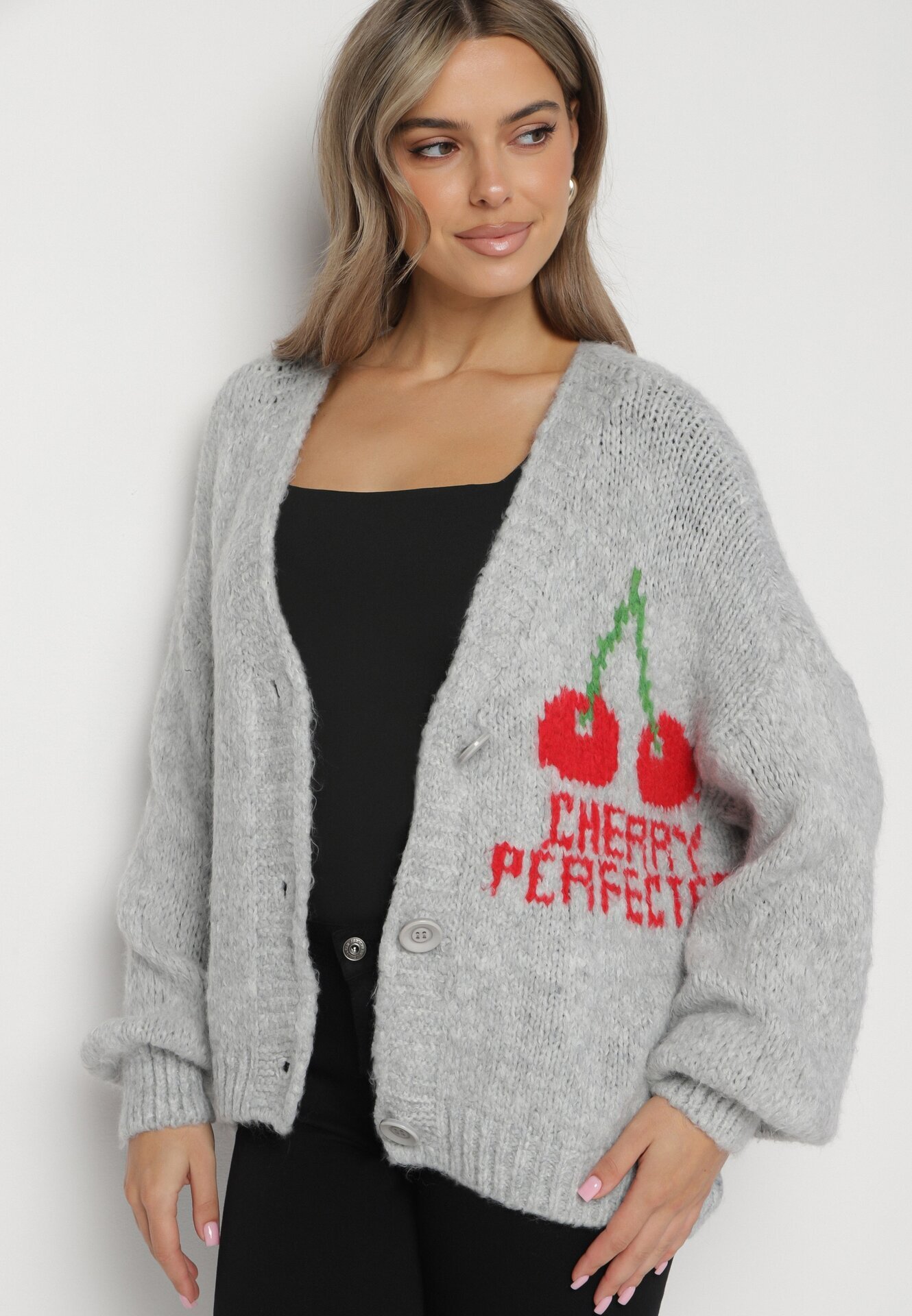 jumelle Cardigan gri cu Lână Decorat cu Cireașă și cu inscripția Irissora