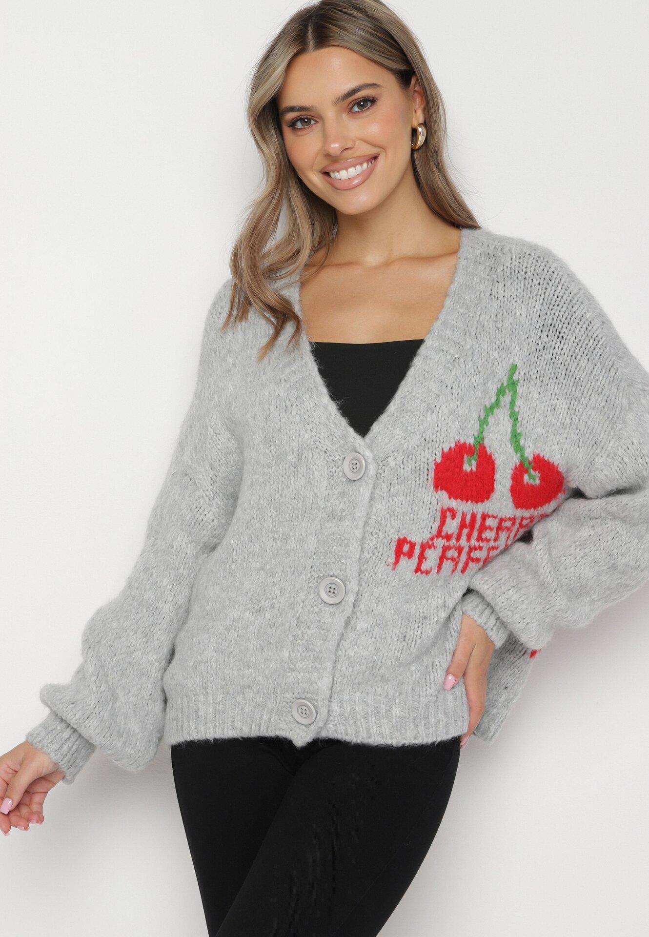 jumelle Cardigan gri cu Lână Decorat cu Cireașă și cu inscripția Irissora