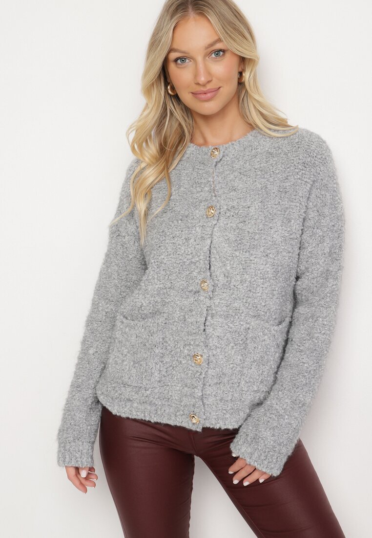 jumelle Cardigan Gri Deschis cu Viscoză Lână și Mohair Decorat cu Buzunare Edorianna