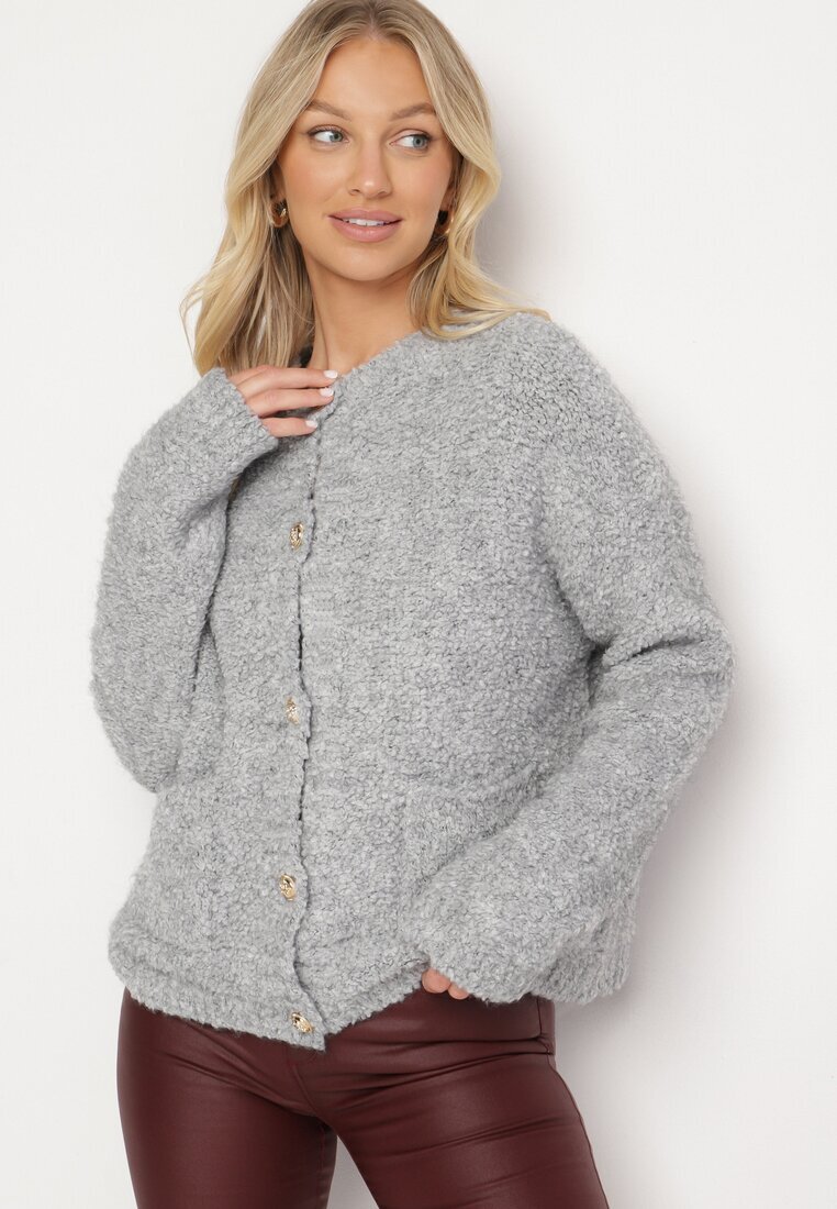 jumelle Cardigan Gri Deschis cu Viscoză Lână și Mohair Decorat cu Buzunare Edorianna
