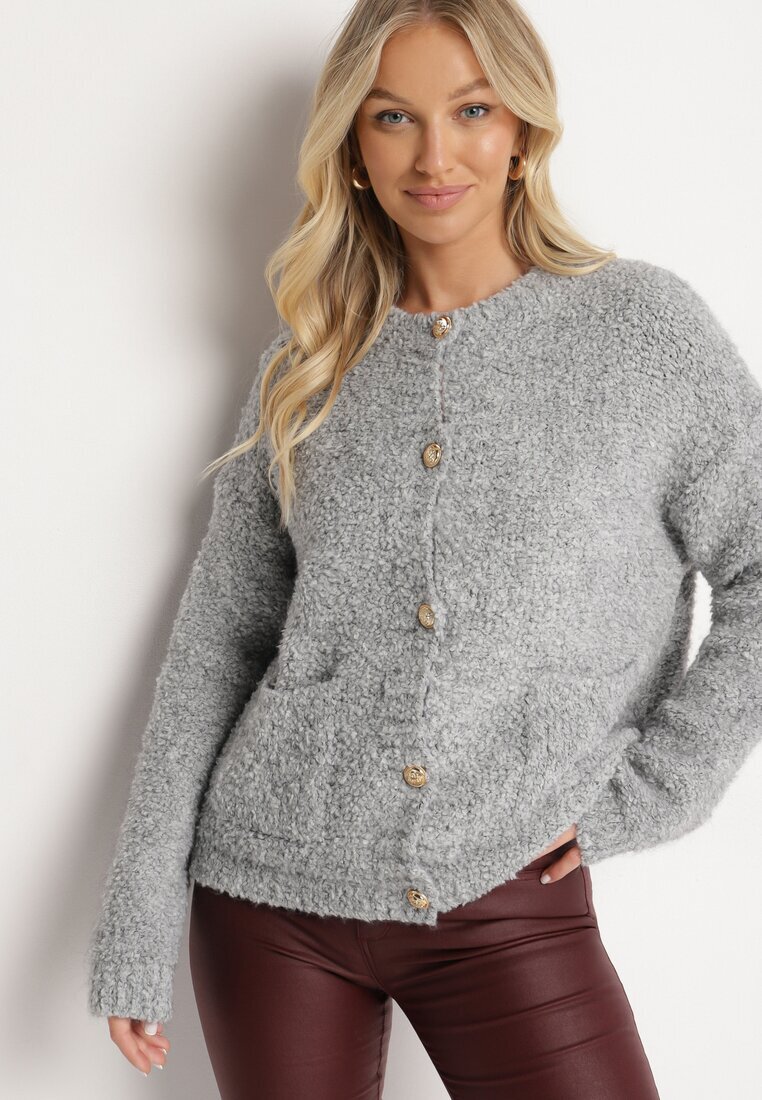jumelle Cardigan Gri Deschis cu Viscoză Lână și Mohair Decorat cu Buzunare Edorianna