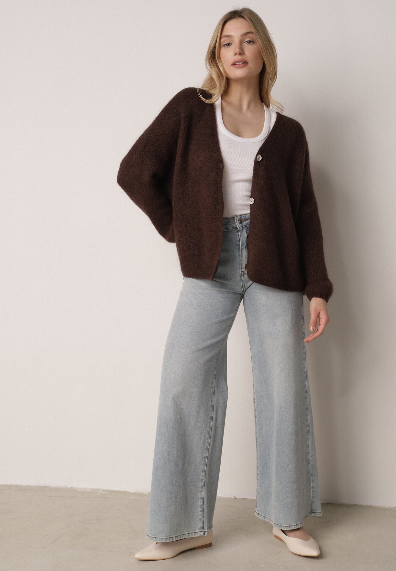 jumelle Cardigan Maro cu decolteu în V din tricot cu lână și mohair Lismio