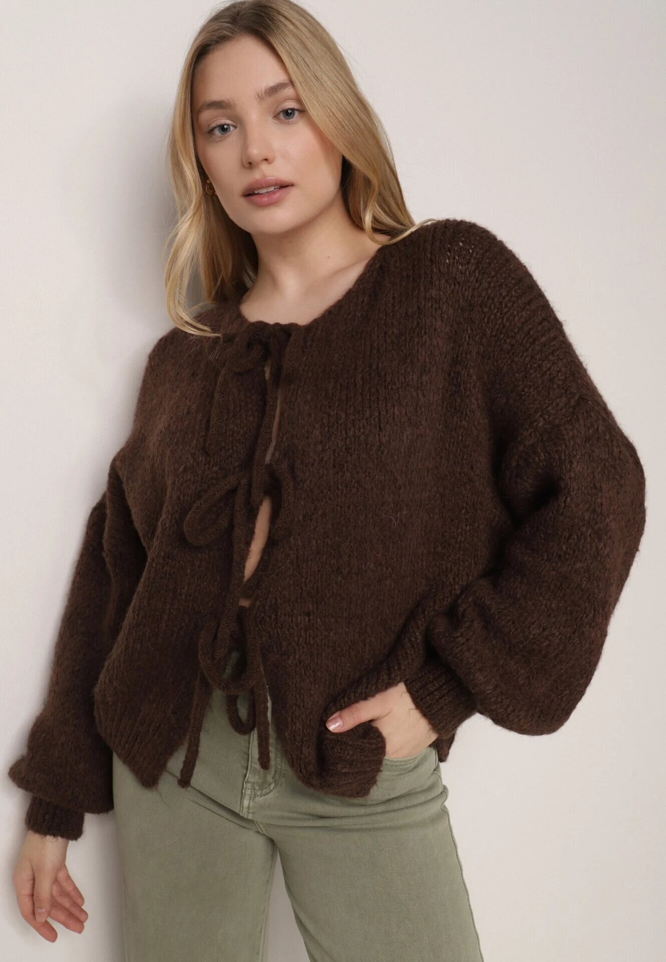 jumelle Cardigan Maro Oversize cu Lână Decorat cu Fundițe Eleathalie