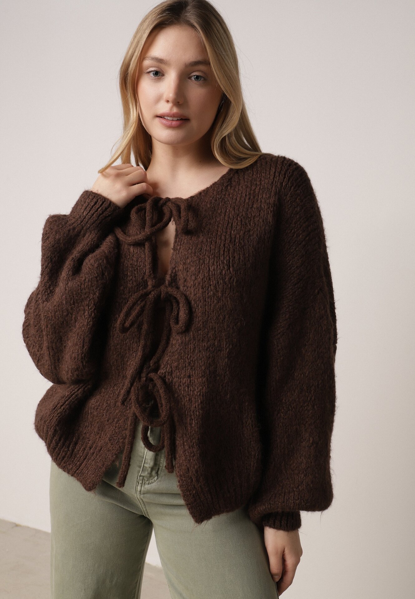jumelle Cardigan Maro Oversize cu Lână Decorat cu Fundițe Eleathalie