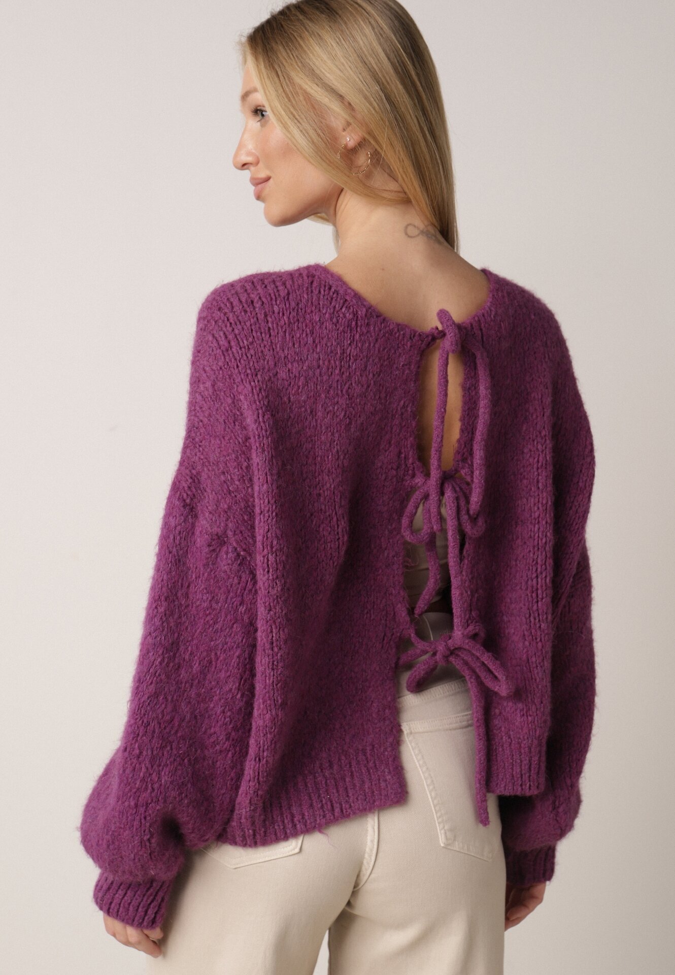 jumelle Cardigan Mov Oversize cu Lână Decorat cu Fundițe Eleathalie