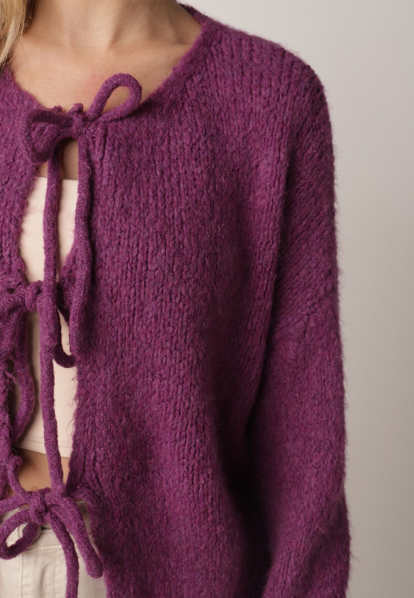 jumelle Cardigan Mov Oversize cu Lână Decorat cu Fundițe Eleathalie