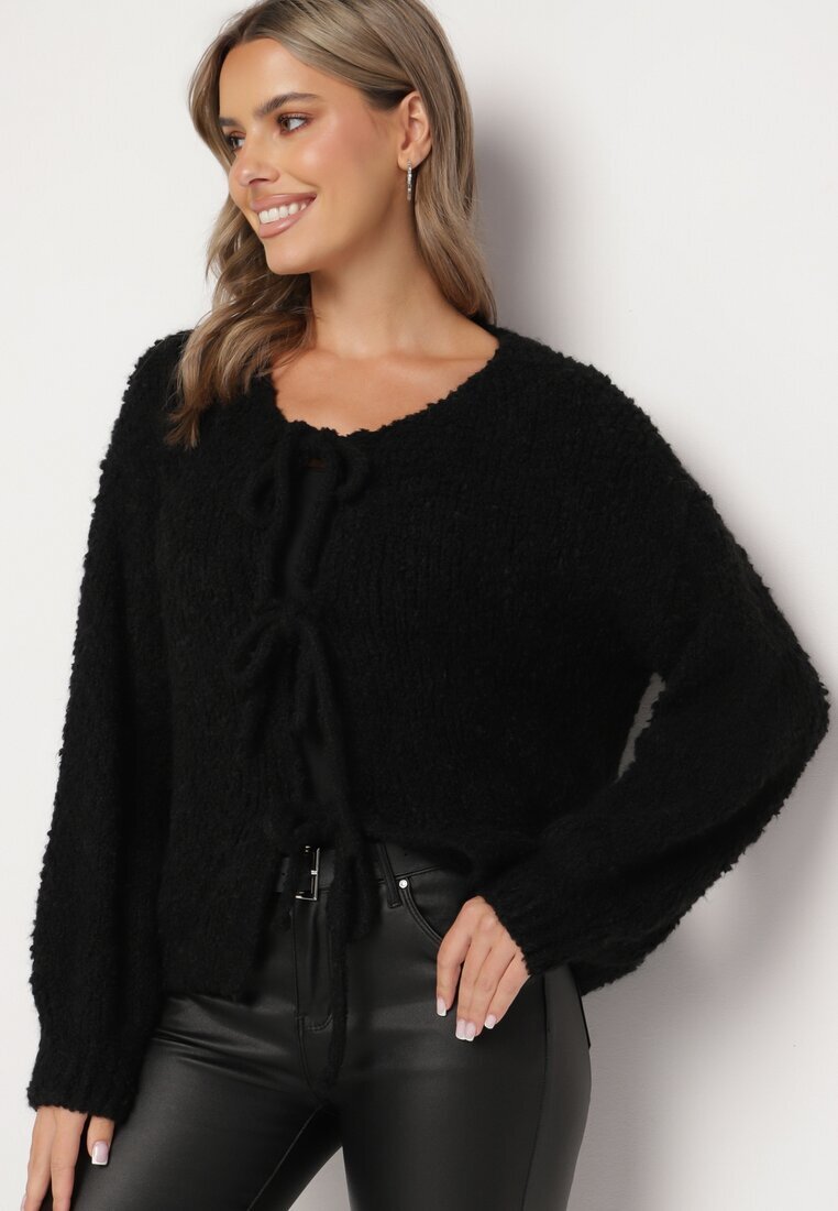jumelle Cardigan negru cu Viscoză Bumbac Lână și Fundițe Lilore