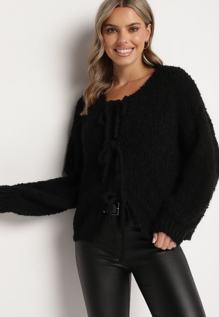 jumelle Cardigan negru cu Viscoză Bumbac Lână și Fundițe Lilore