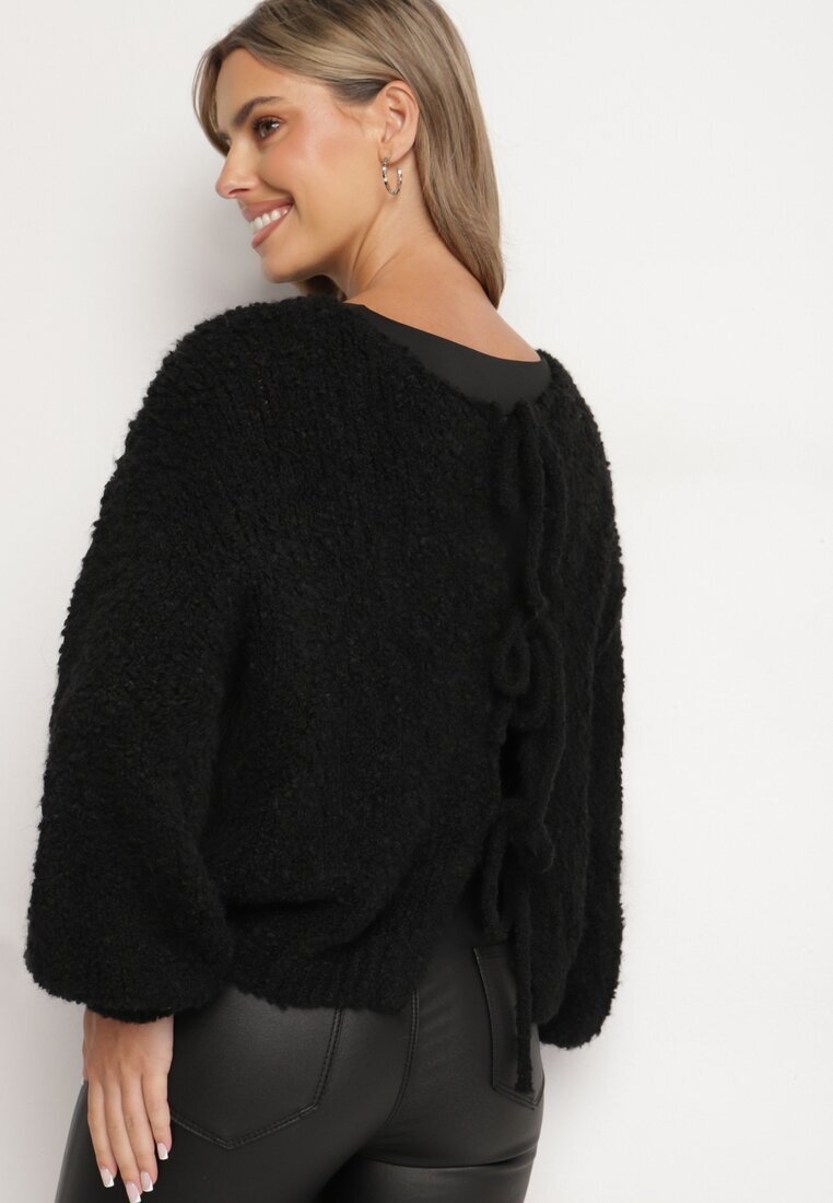 jumelle Cardigan negru cu Viscoză Bumbac Lână și Fundițe Lilore