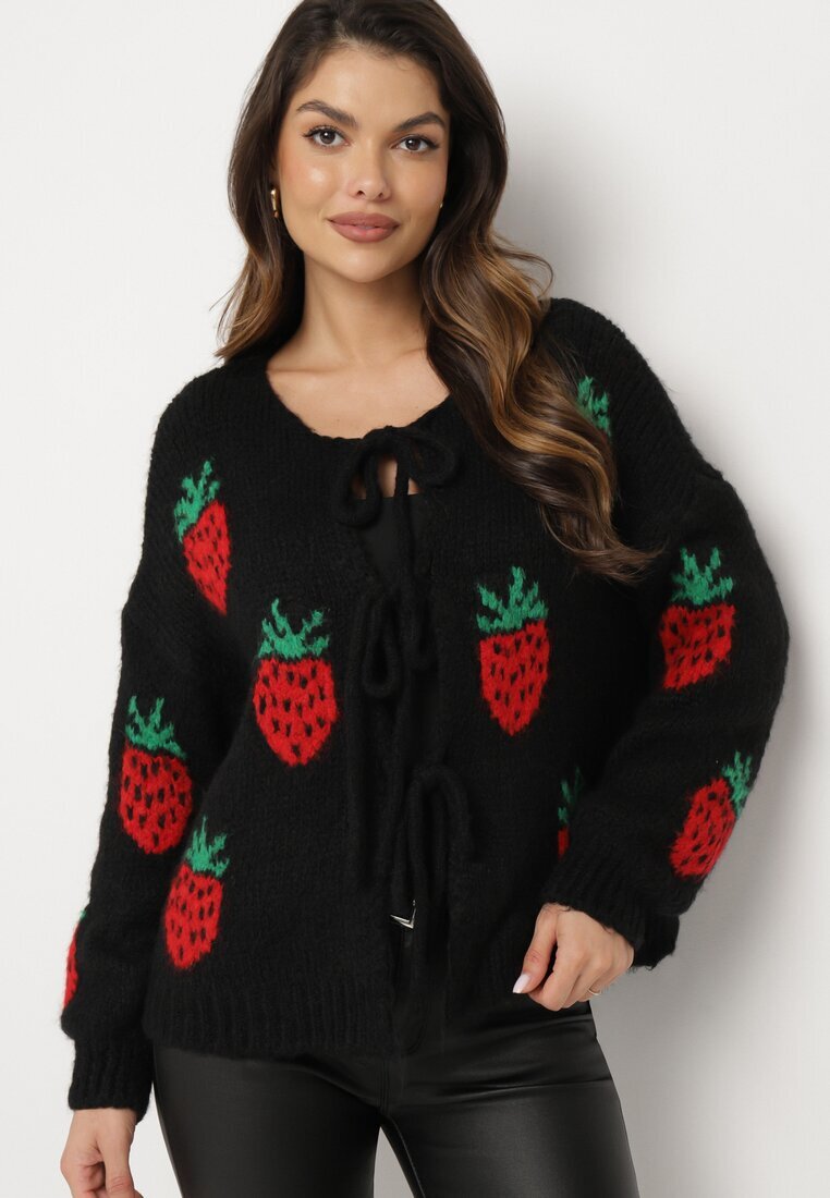 jumelle Cardigan Negru Legat cu amestec de Lână și Viscoză Decorat cu model cu căpșuni Cesiella