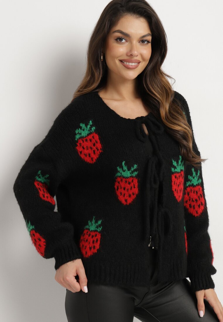 jumelle Cardigan Negru Legat cu amestec de Lână și Viscoză Decorat cu model cu căpșuni Cesiella