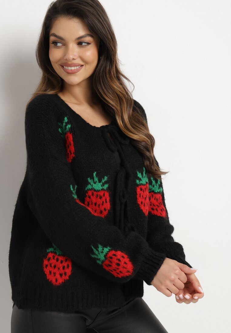 jumelle Cardigan Negru Legat cu amestec de Lână și Viscoză Decorat cu model cu căpșuni Cesiella