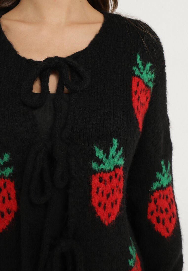 jumelle Cardigan Negru Legat cu amestec de Lână și Viscoză Decorat cu model cu căpșuni Cesiella