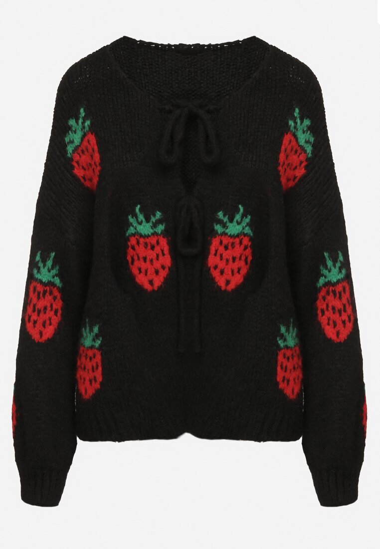 jumelle Cardigan Negru Legat cu amestec de Lână și Viscoză Decorat cu model cu căpșuni Cesiella