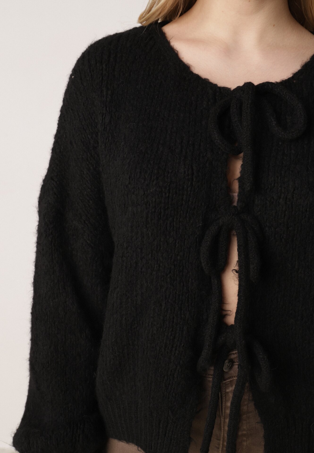 jumelle Cardigan Negru Oversize cu Lână Decorat cu Fundițe Eleathalie
