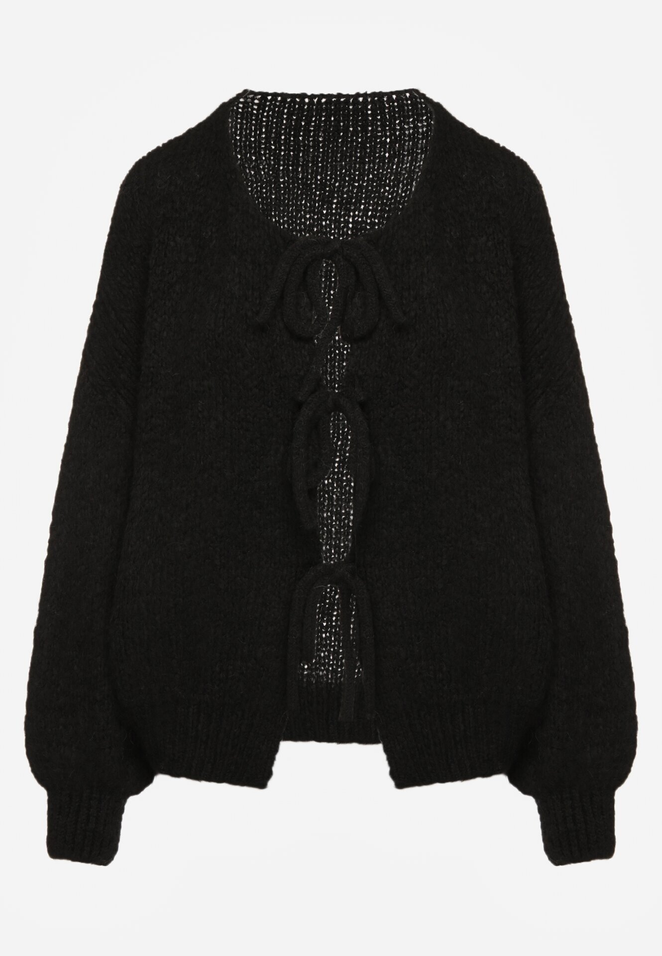jumelle Cardigan Negru Oversize cu Lână Decorat cu Fundițe Eleathalie