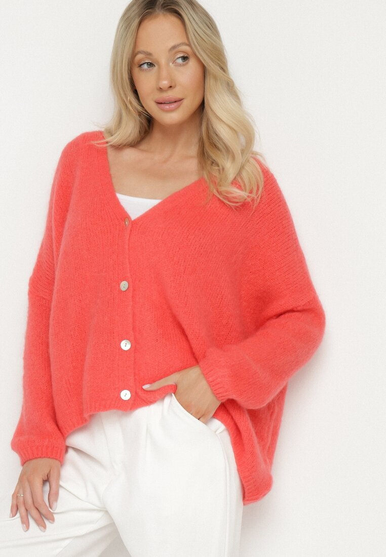 jumelle Cardigan Roz cu Decolteu în V din Tricot cu Lână și Mohair Lismio