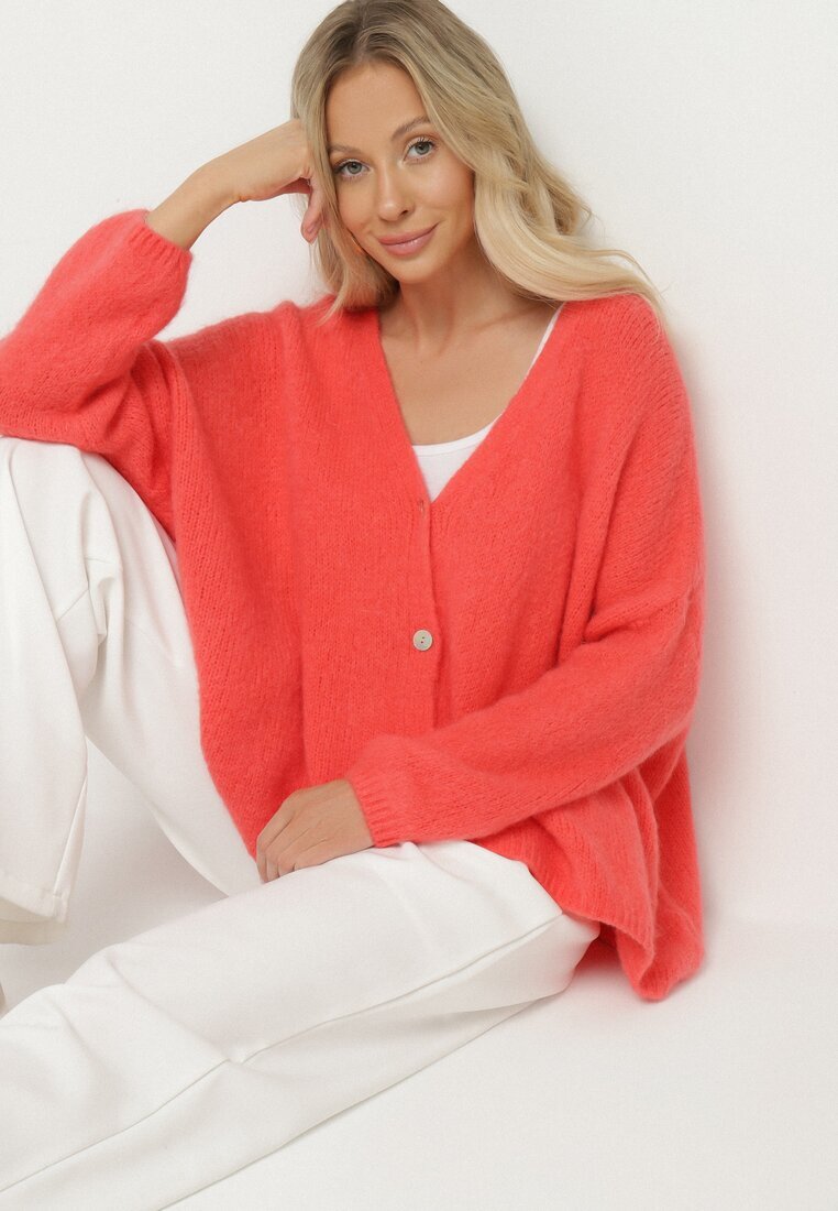 jumelle Cardigan Roz cu Decolteu în V din Tricot cu Lână și Mohair Lismio