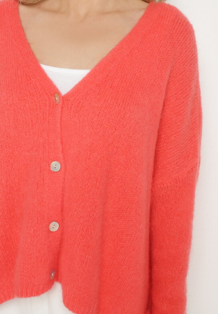jumelle Cardigan Roz cu Decolteu în V din Tricot cu Lână și Mohair Lismio