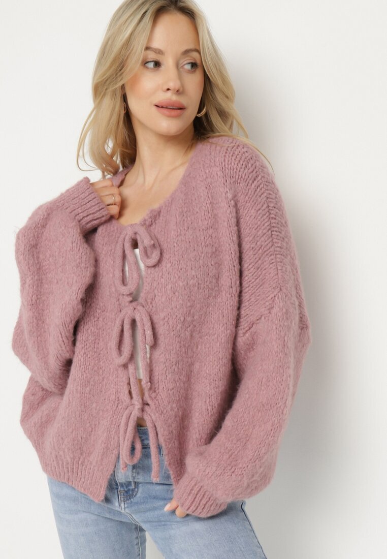 jumelle Cardigan roz Oversize cu Lână Decorat cu Fundițe Eleathalie