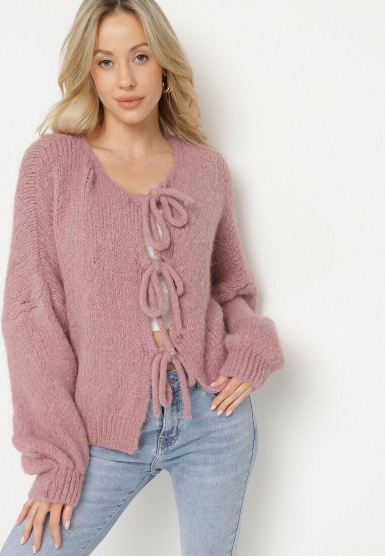 jumelle Cardigan roz Oversize cu Lână Decorat cu Fundițe Eleathalie