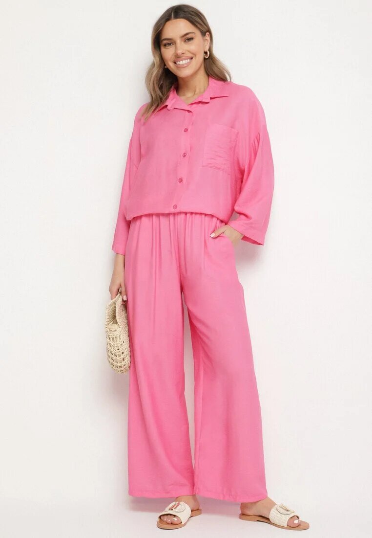 jumelle Compleu Fucsia din Viscoză Pantaloni largi și Cămașă Oversize Zivora