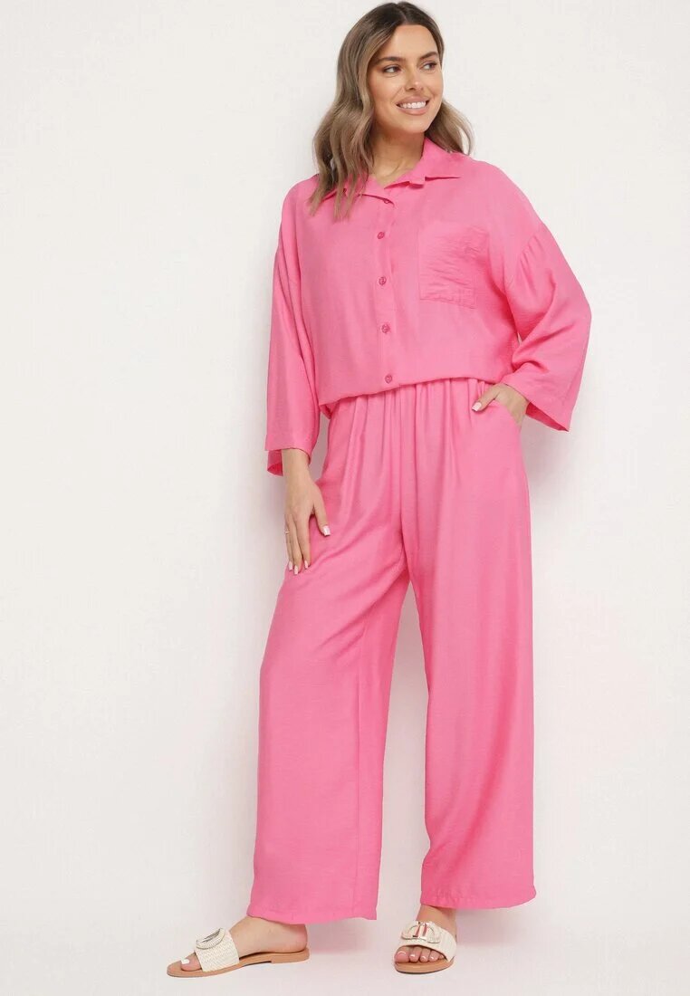 jumelle Compleu Fucsia din Viscoză Pantaloni largi și Cămașă Oversize Zivora