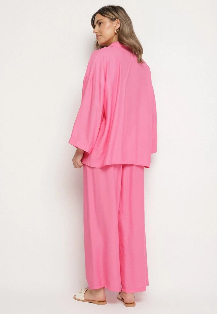 jumelle Compleu Fucsia din Viscoză Pantaloni largi și Cămașă Oversize Zivora