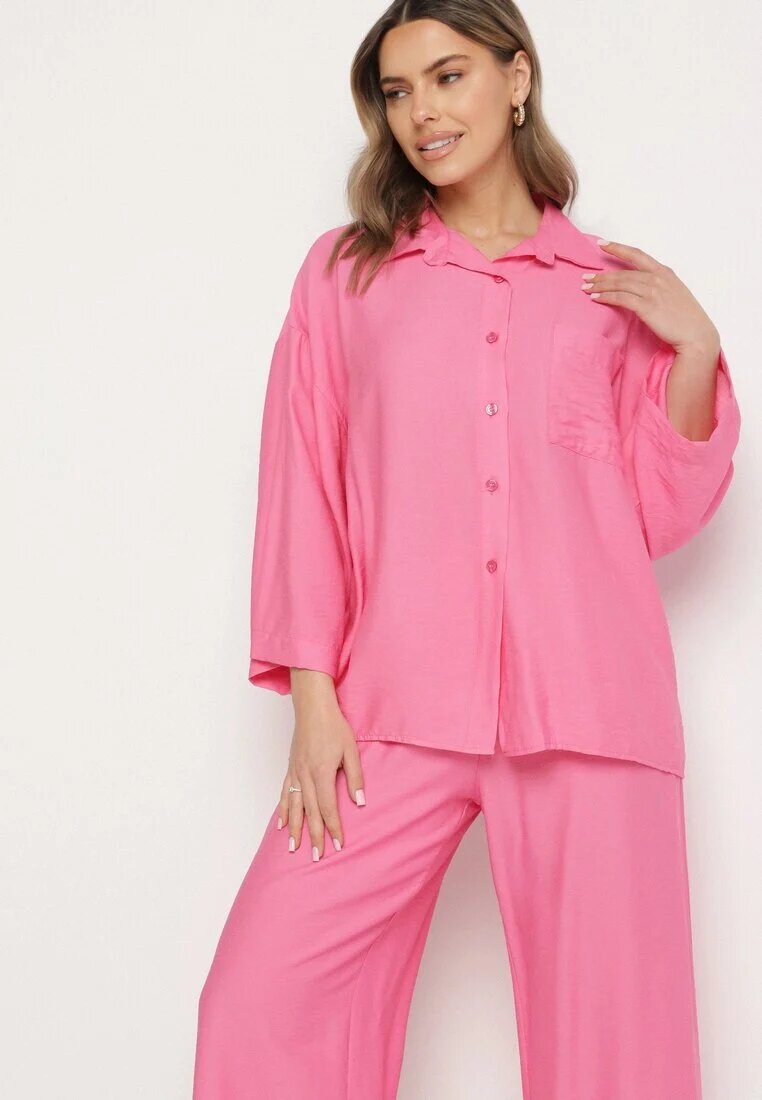 jumelle Compleu Fucsia din Viscoză Pantaloni largi și Cămașă Oversize Zivora