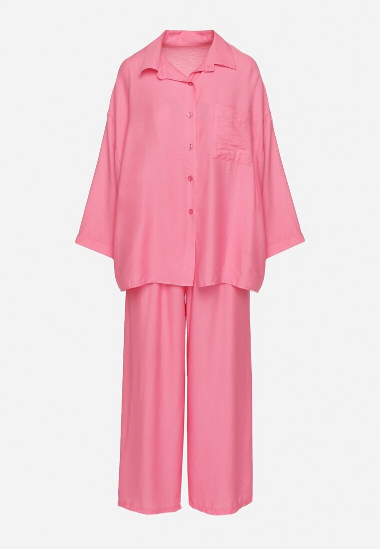jumelle Compleu Fucsia din Viscoză Pantaloni largi și Cămașă Oversize Zivora