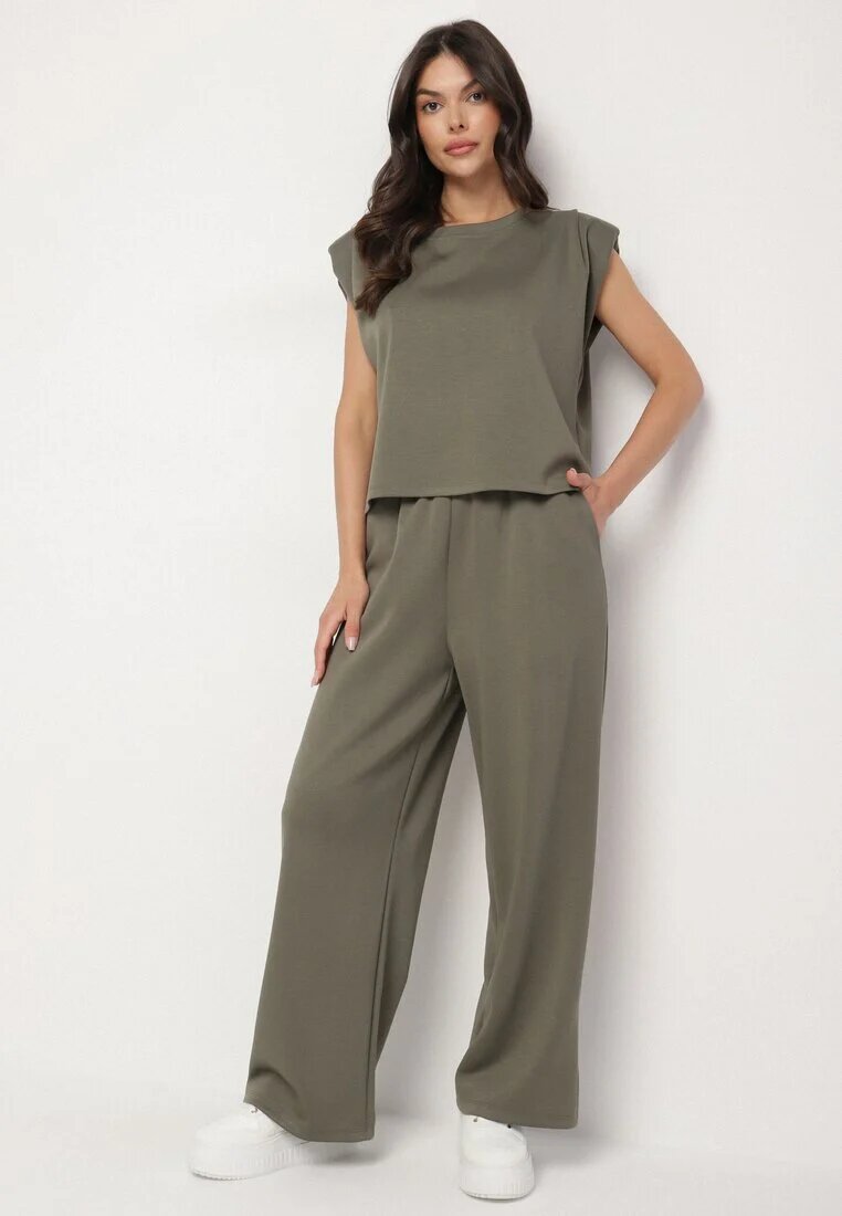 jumelle Compleu Verde cu Viscoză Tricou cu Umeri Întăriți și Pantaloni Largi Nevisari