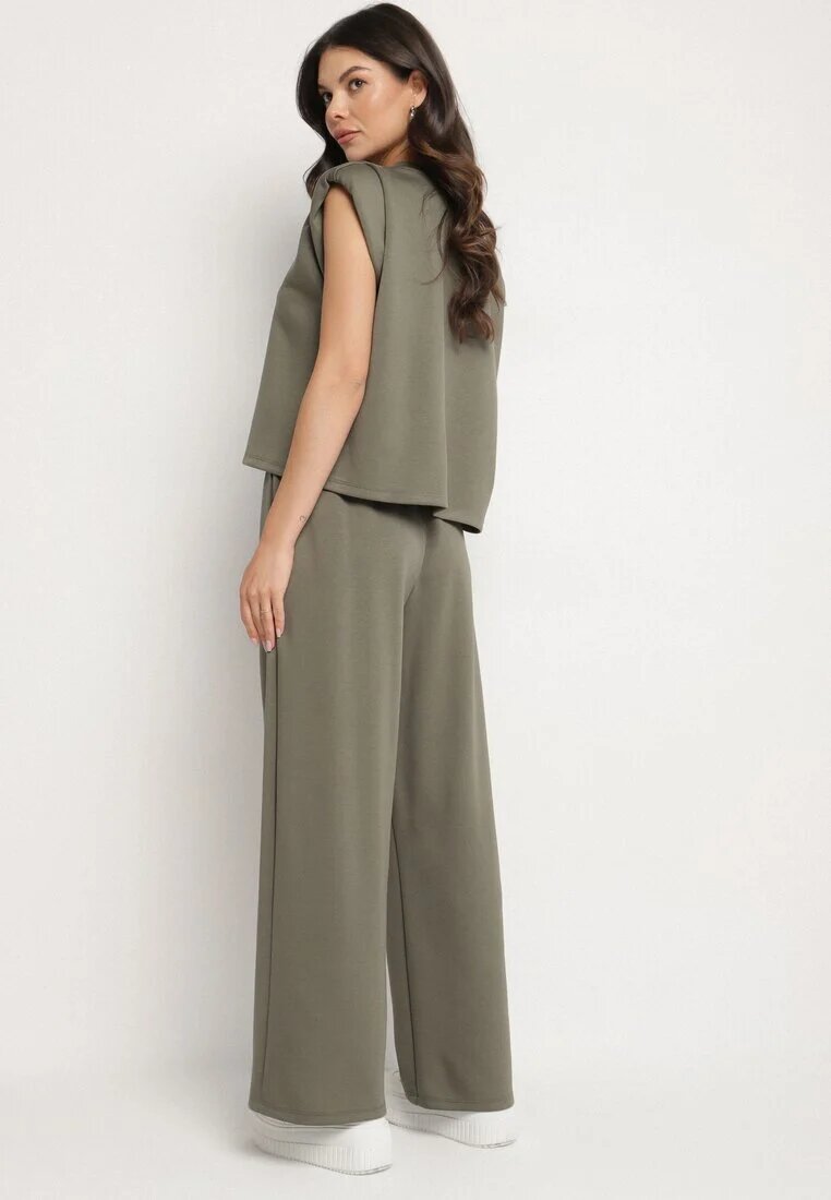 jumelle Compleu Verde cu Viscoză Tricou cu Umeri Întăriți și Pantaloni Largi Nevisari