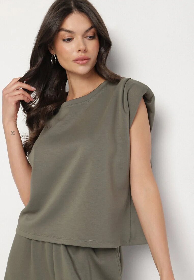 jumelle Compleu Verde cu Viscoză Tricou cu Umeri Întăriți și Pantaloni Largi Nevisari