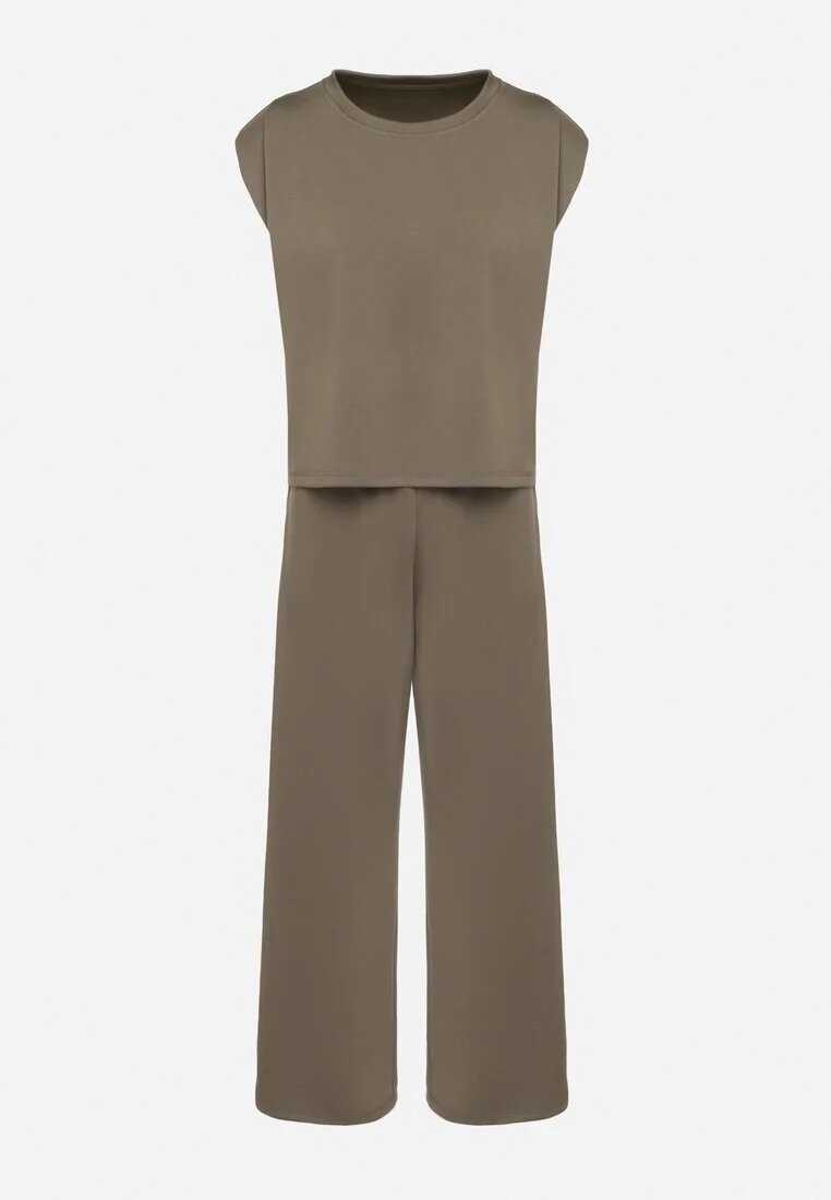 jumelle Compleu Verde cu Viscoză Tricou cu Umeri Întăriți și Pantaloni Largi Nevisari