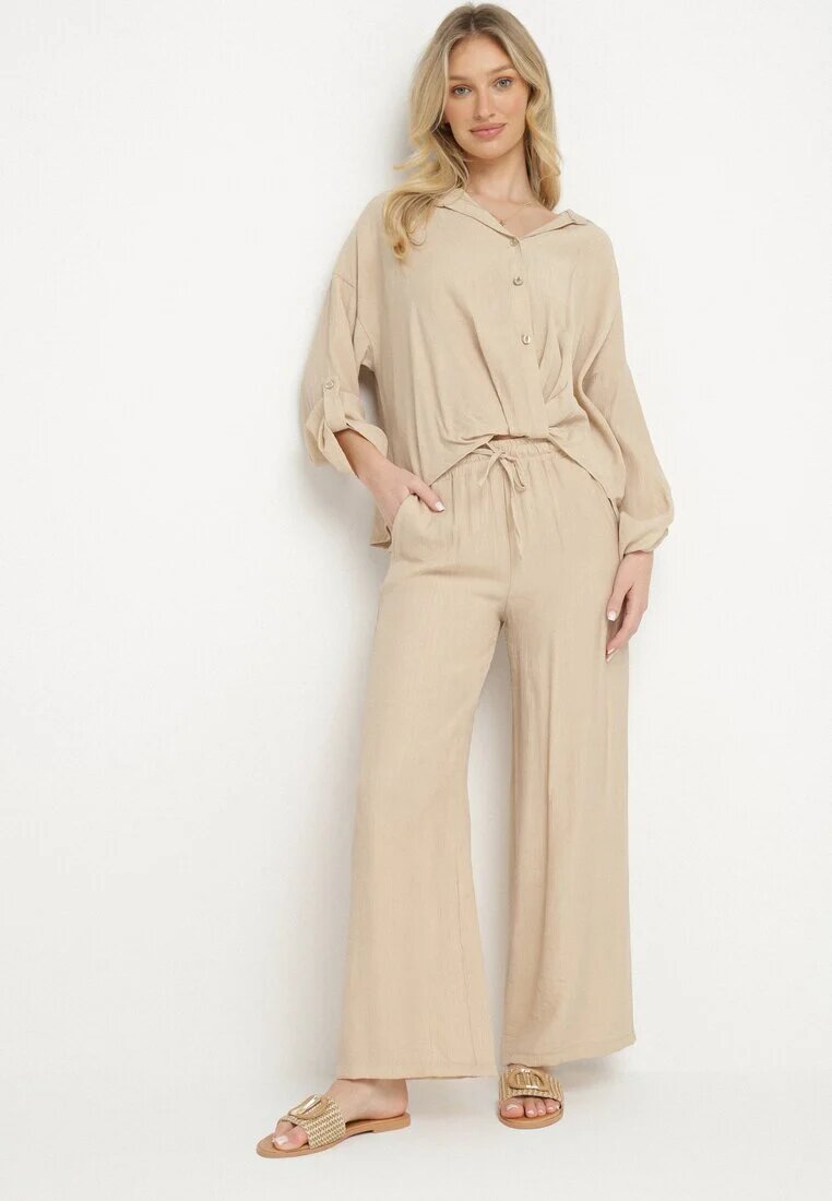 jumelle Compleu Viscoză Bej Deschis Oversize Cămașă și Pantaloni cu Elastic în Talie Natilira