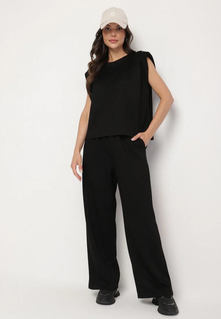 jumelle Komplet negru cu vâscoză Tricou cu umeri întăriți și Pantaloni largi Nevisari