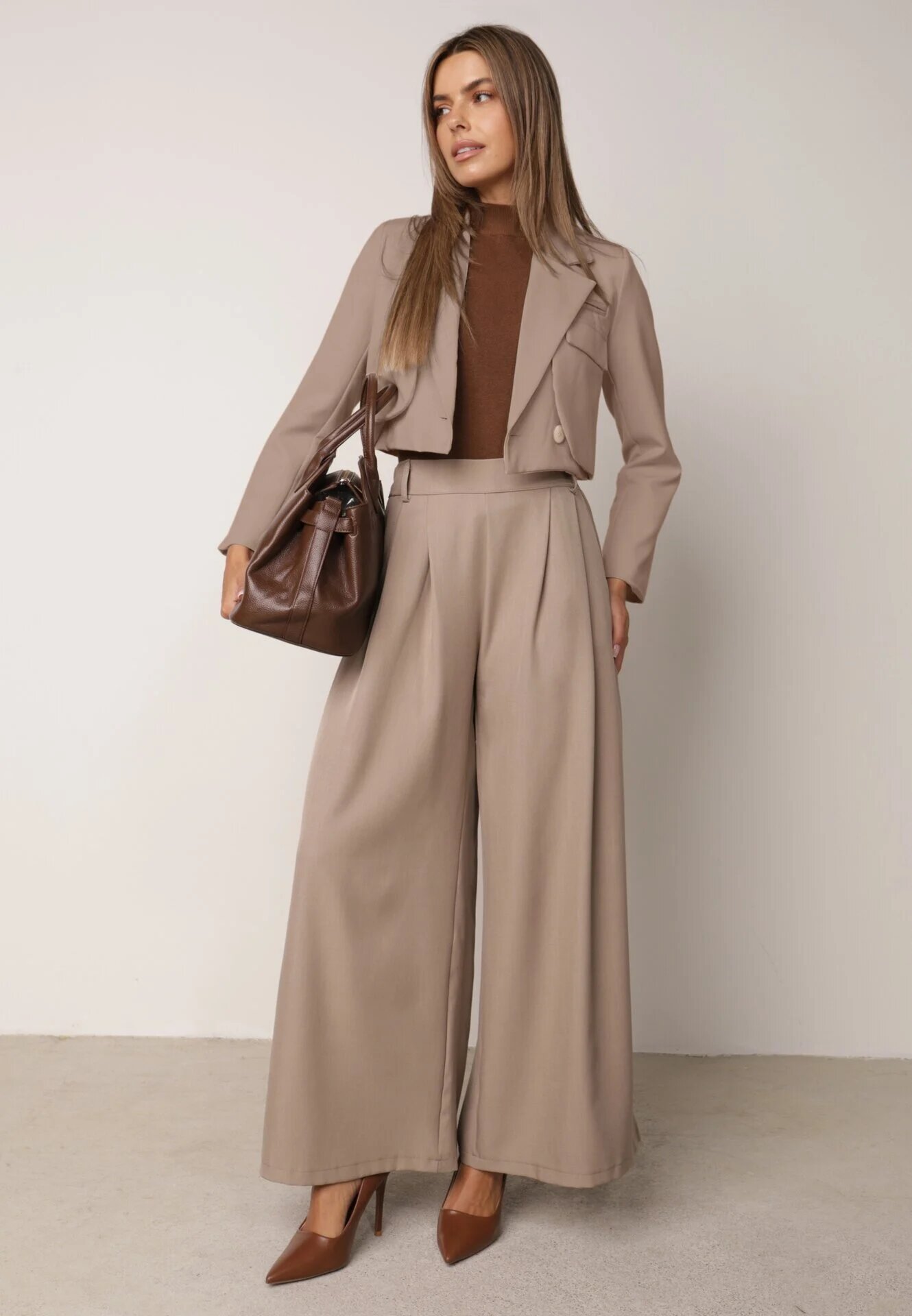 jumelle Pantaloni Maro deschis stil Palazzo cu buzunare oblice Adivena