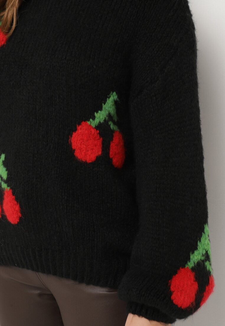 jumelle Pulover Negru cu Croială Simplă cu Amestec de Lână Decorat cu Aplicație cu Cireșe Rinarea