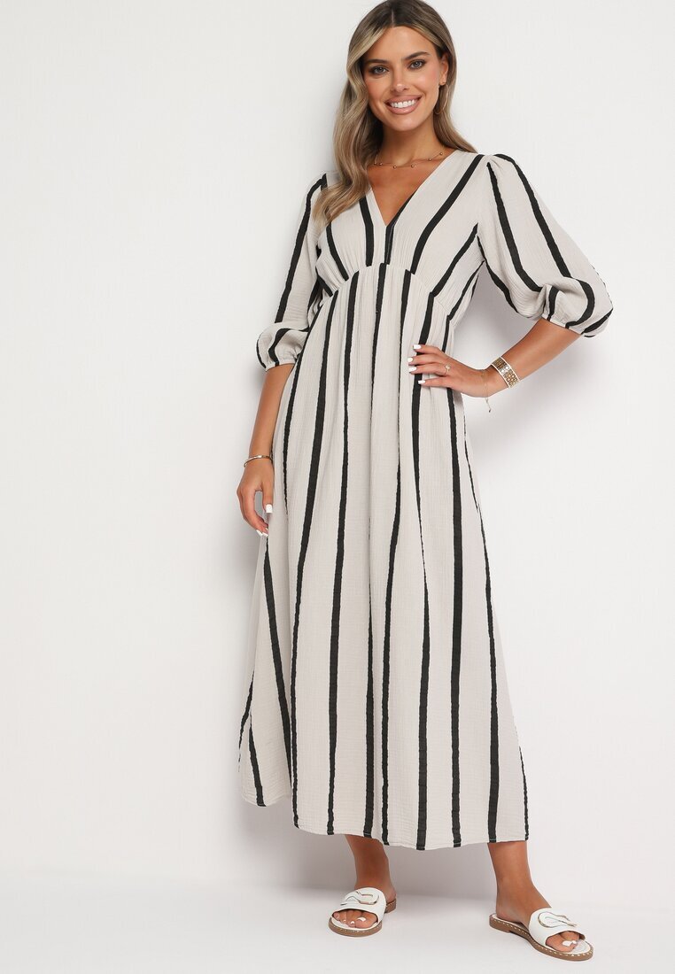 jumelle Rochie Alb-Negru Cintrata din Bumbac cu Dungi Rivettes