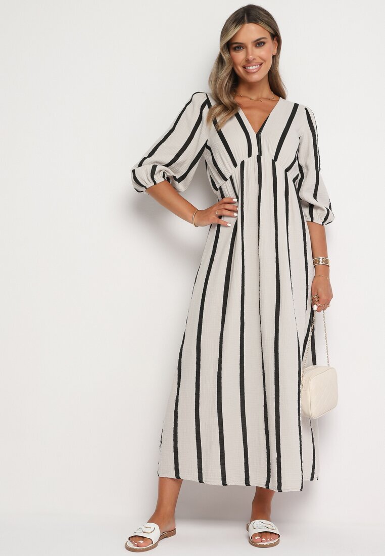 jumelle Rochie Alb-Negru Cintrata din Bumbac cu Dungi Rivettes