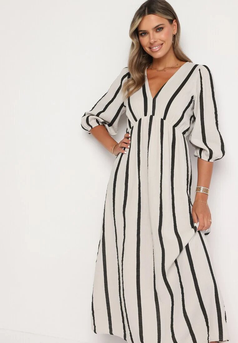 jumelle Rochie Alb-Negru Cintrata din Bumbac cu Dungi Rivettes